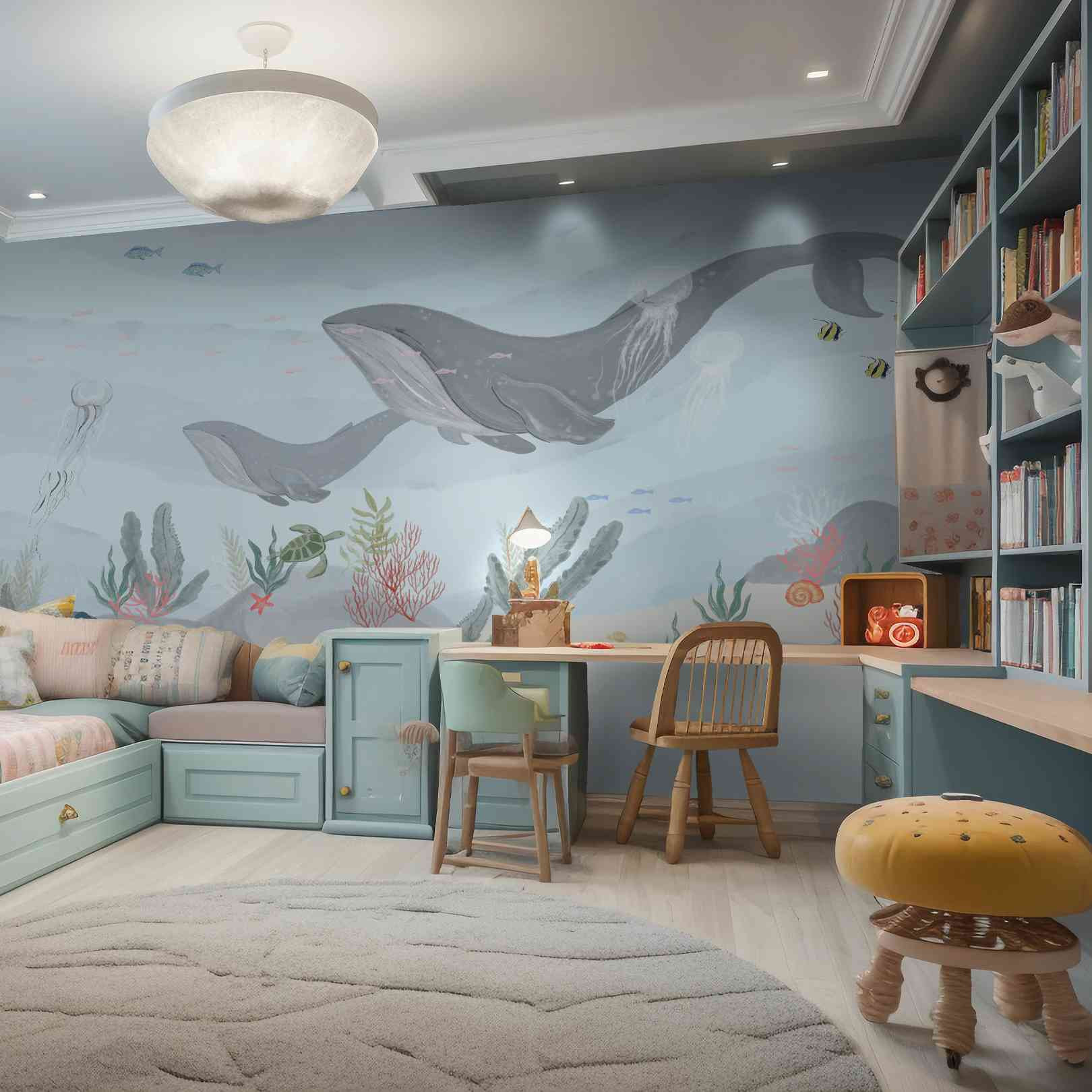 Décoration chambre d'enfant animaux marins, baleines et poissons